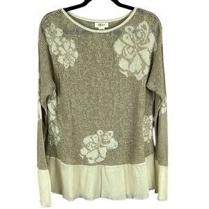 Style & Co Floral Linen Cotton Open Knit Mixed Media Sweater Medium Tan Cream